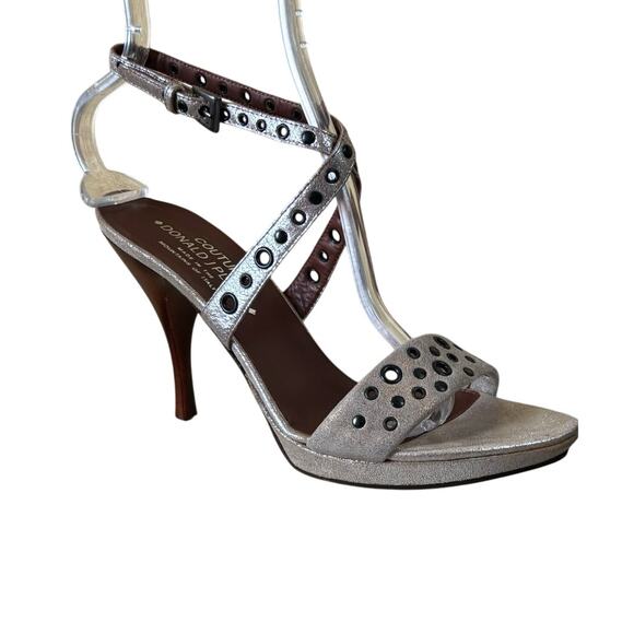 Donald Pliner Beige Silver Metallic Leather Sandal Shoe Grommet Strappy NWT $255 - Picture 1 of 5